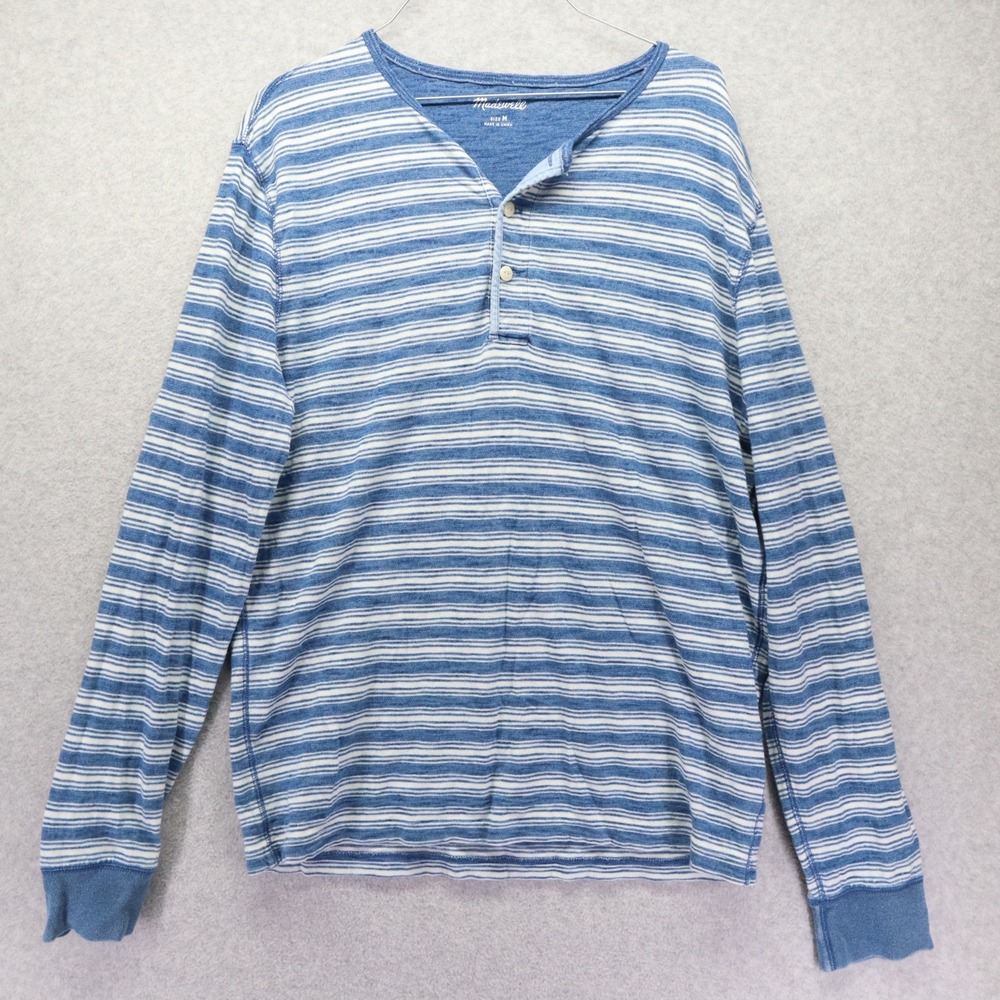 Madewell Henley Shirt Mens Medium Casual Cotton Blue Striped Long Sleeve‎
